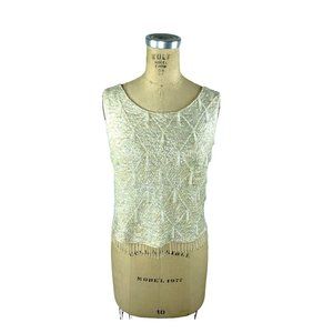 1960s white sequin beaded top with fringe and back zipper by Vic & Vic Haute Cou